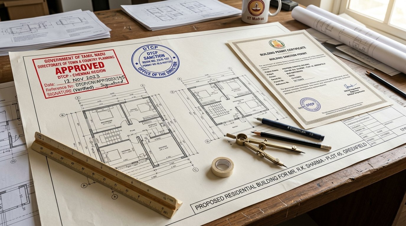 Official government stamped building plan approval blueprint