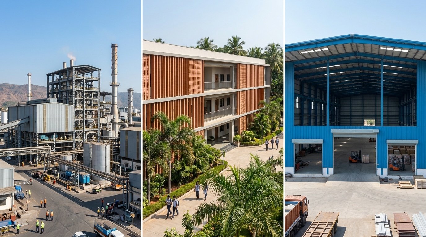 Azhagar Construction - Factory, School, and Industrial PEB Shed Construction Collage